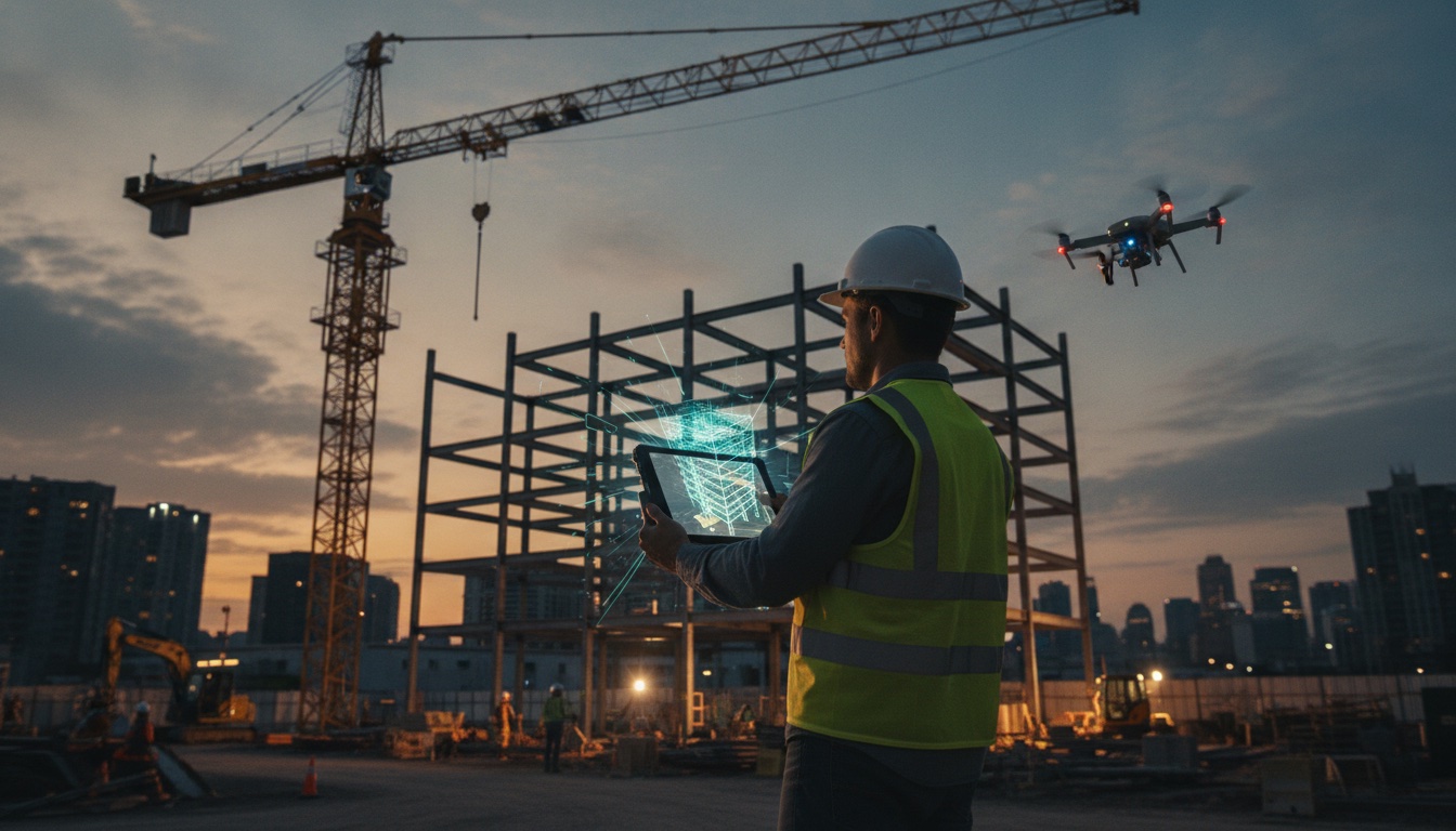 Construction site engineer at golden hour holding a tablet showing a translucent 3D BIM model overlay on an active high-rise steel structure, with a survey drone flying nearby