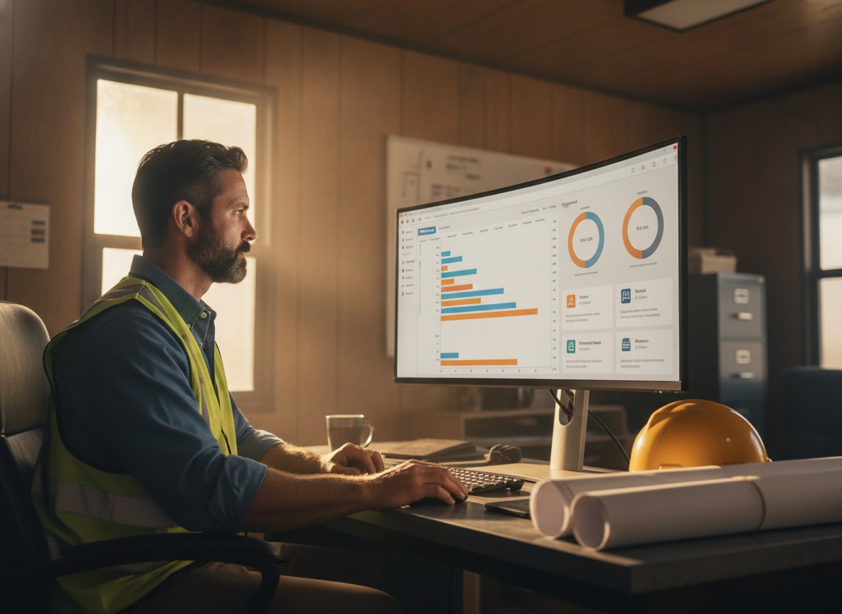 Construction project manager at a desk inside a jobsite trailer office reviewing a project management software dashboard with a schedule and budget charts on a widescreen monitor