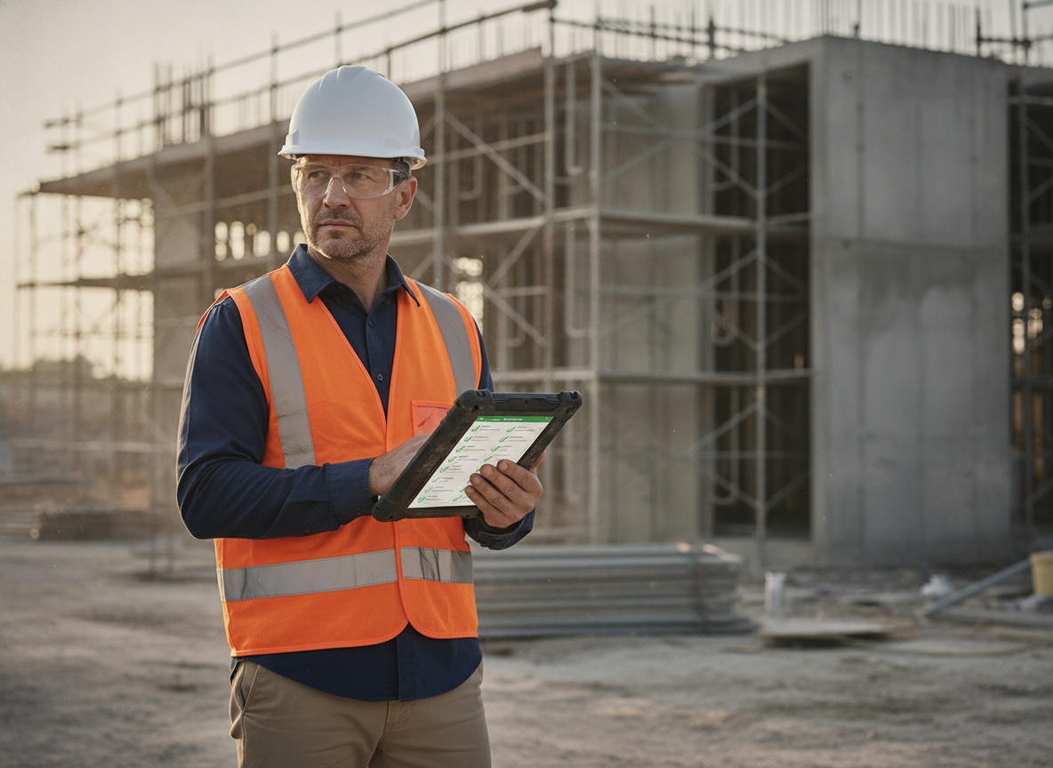 Construction site safety inspector in a hard hat and high-vis vest holding a rugged tablet displaying a digital safety inspection checklist, with scaffolding in the background