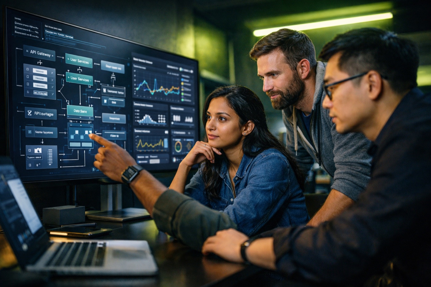 Custom software development services: engineering team reviewing enterprise architecture