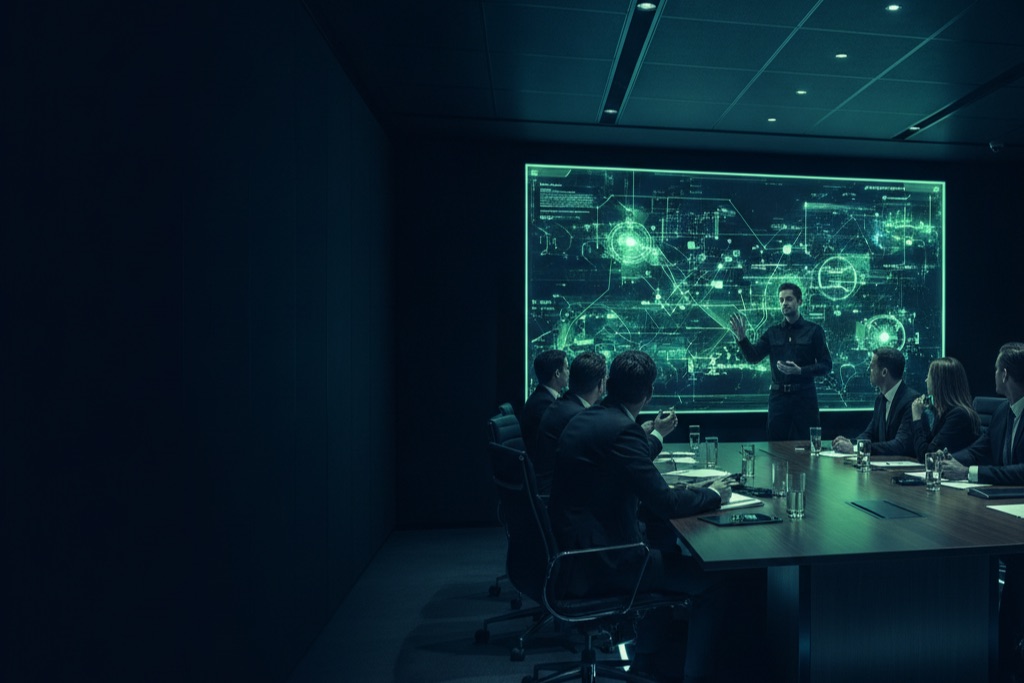 Executive team reviewing cloud security strategy in a boardroom briefing