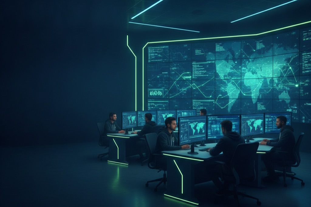 Cloud security services: security analysts monitoring cloud threat detection dashboards