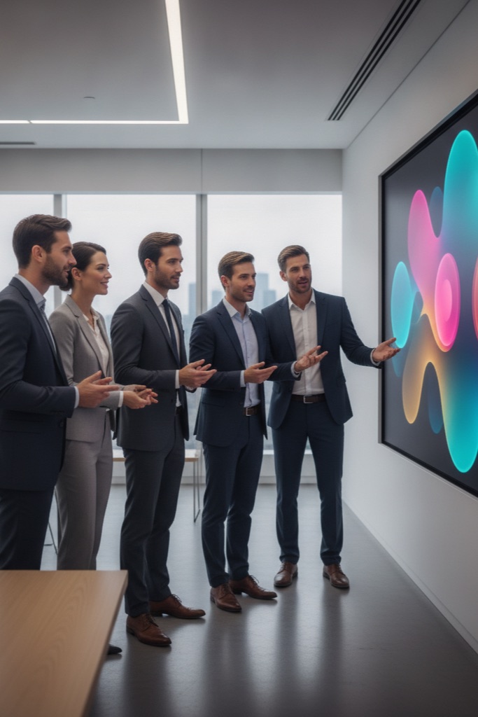 Business team reviewing a multi-industry marketing analytics dashboard