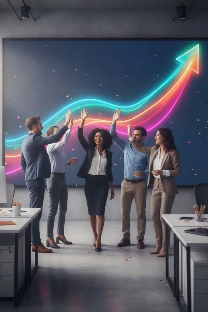 Marketing team celebrating campaign growth results