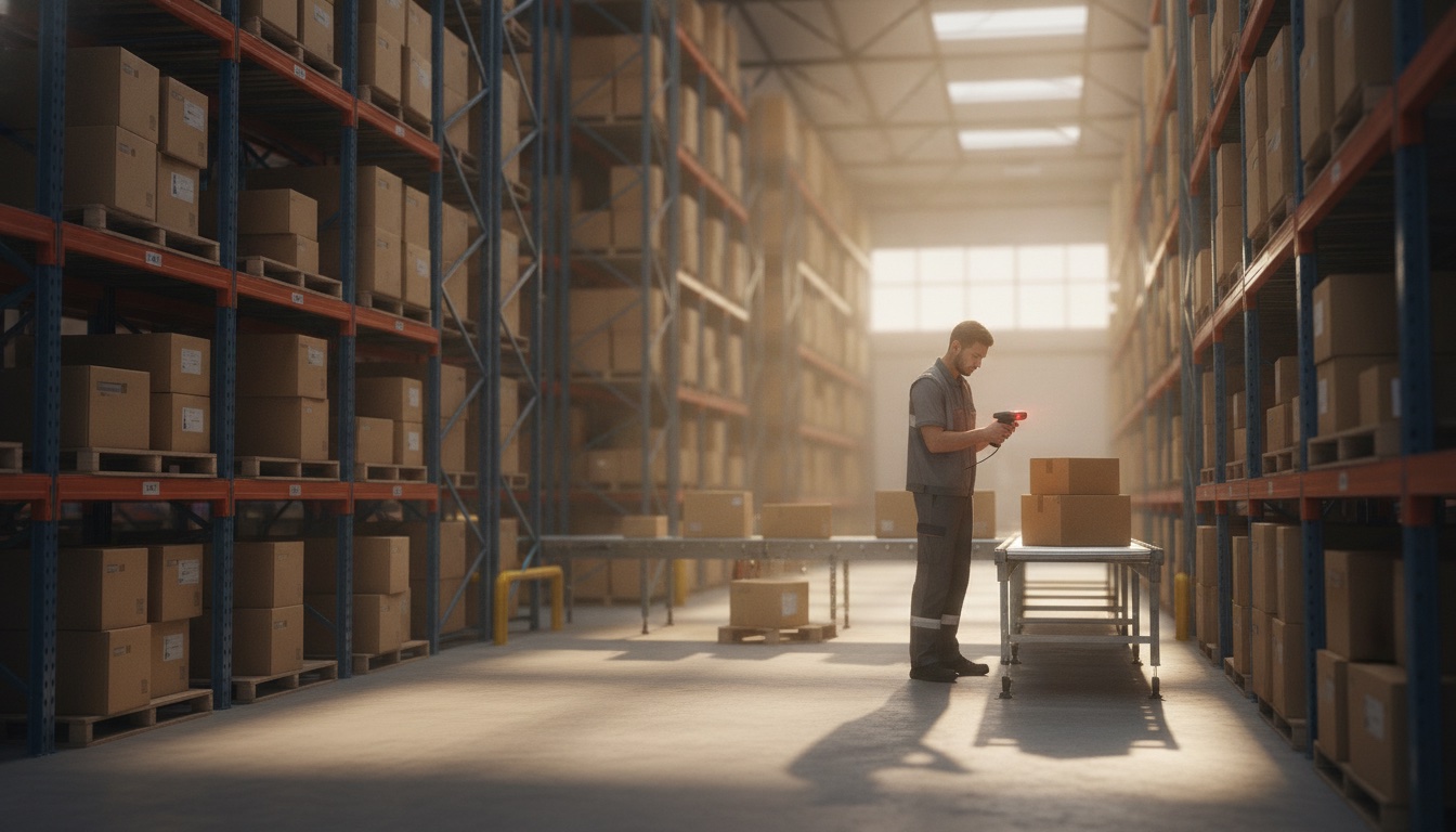 Warehouse fulfillment team scanning and packing parcels for same-day ecommerce delivery, with shelves of inventory ready to ship