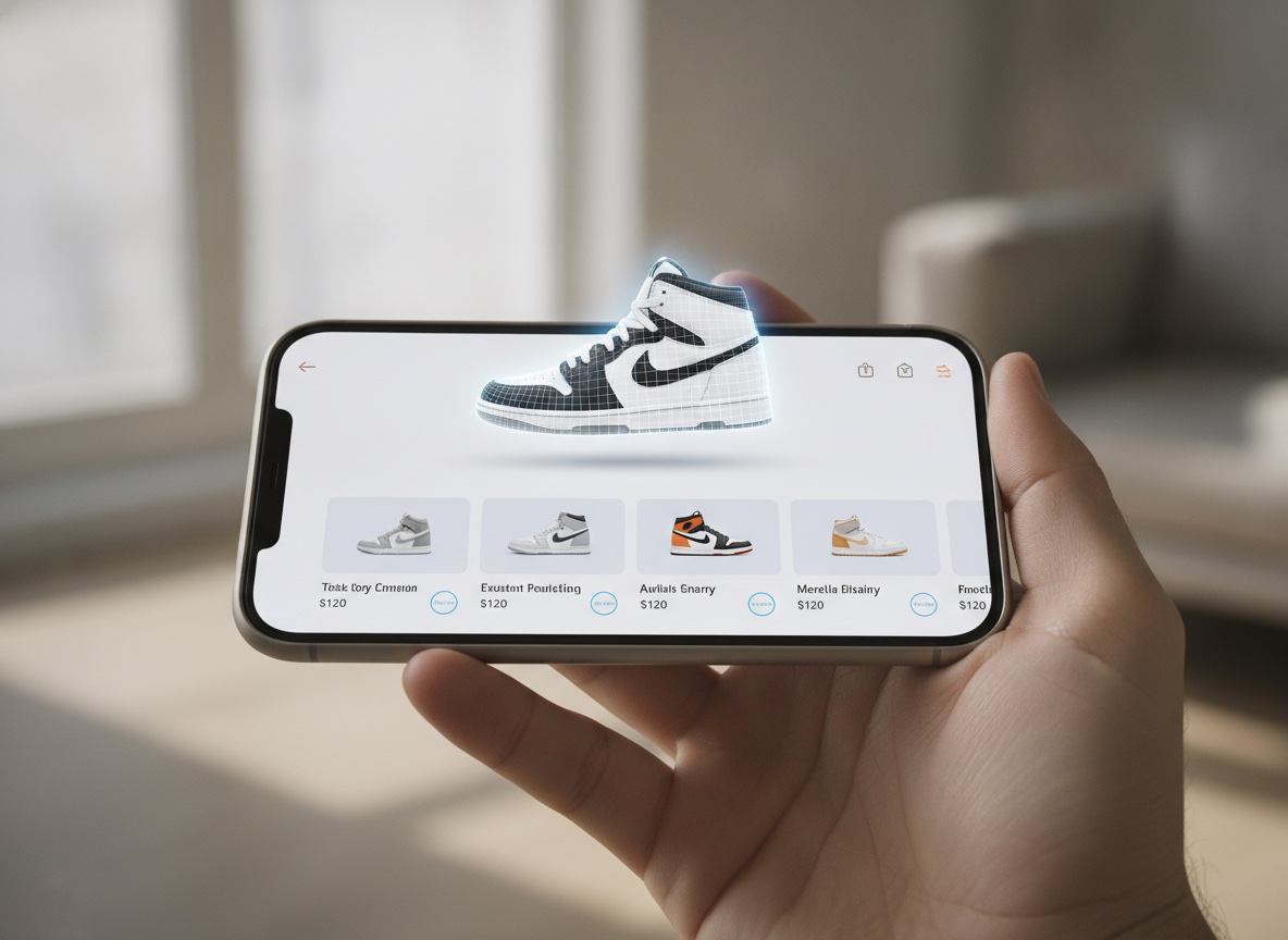 Mobile ecommerce app product catalog screen showing an augmented reality try-on preview of a sneaker