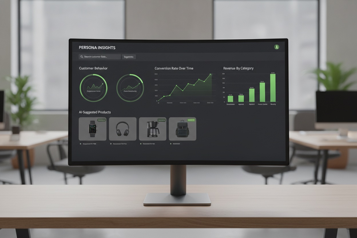 Ecommerce analytics dashboard showing an AI-powered personalized product recommendation engine and conversion metrics