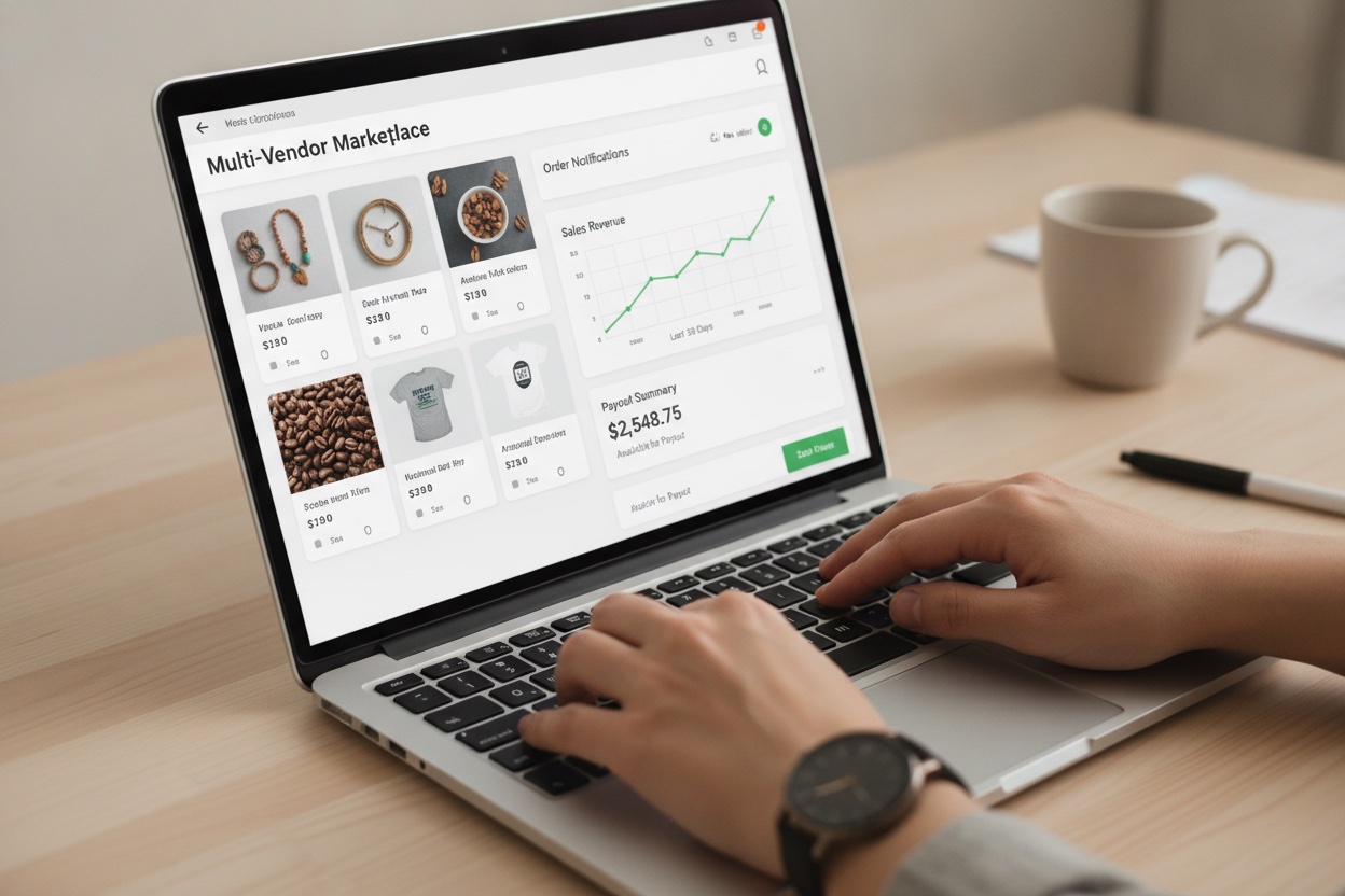 Small business owner reviewing a multi-vendor marketplace seller dashboard showing order notifications and a payout summary on a laptop