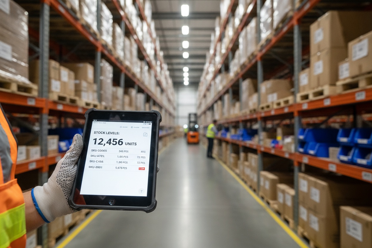 Warehouse worker holding a rugged tablet displaying a real-time inventory tracking screen among shelves of labeled stock