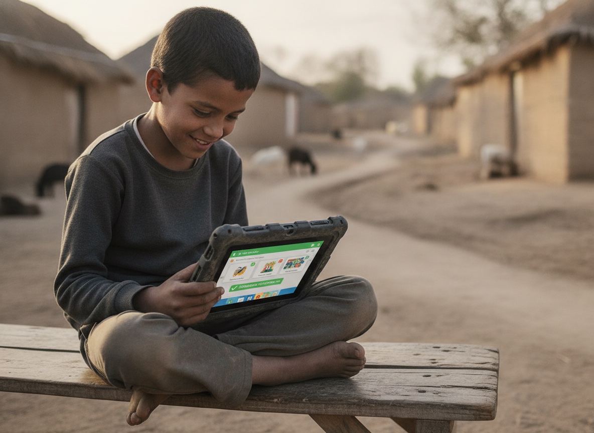 A student in a rural outdoor setting using a tablet showing a learning app with a downloaded offline lesson, natural daylight