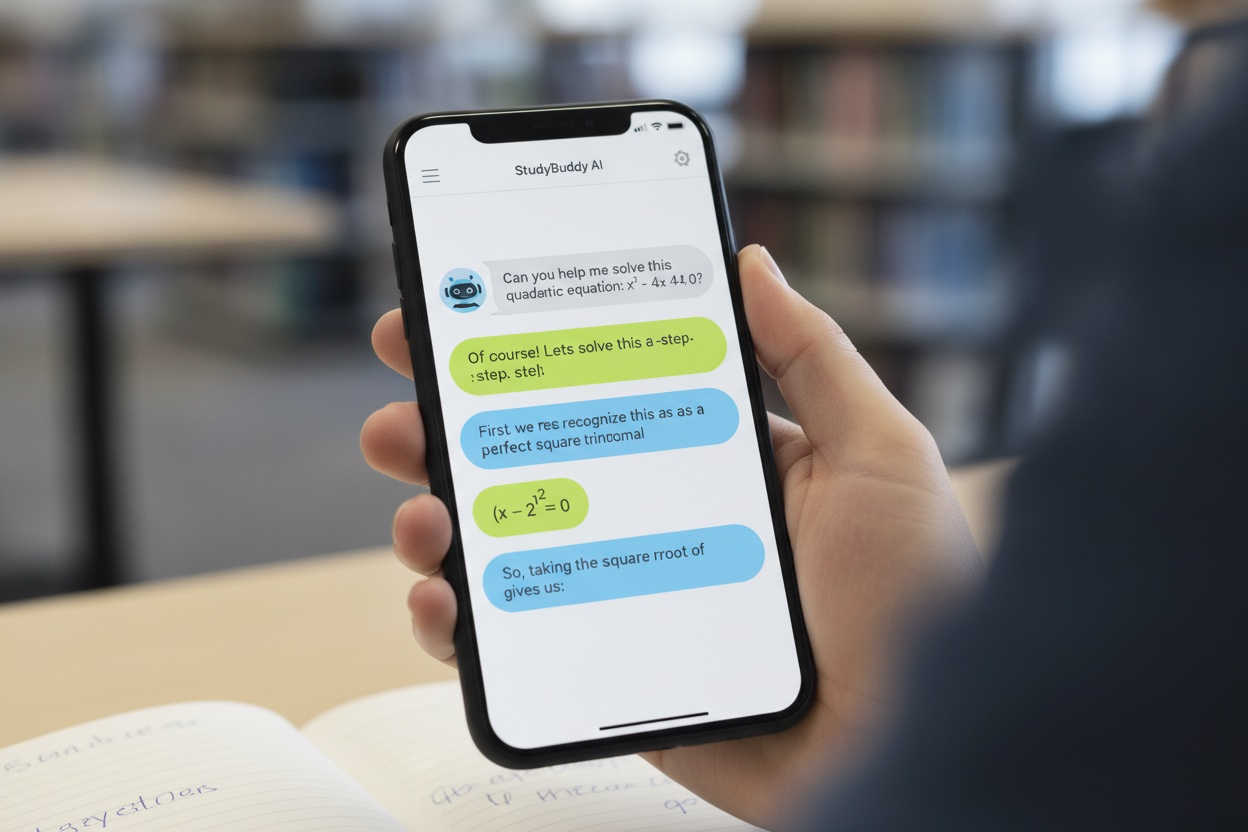Close-up of a smartphone screen showing an AI tutor chatbot answering a student's math question with a step-by-step explanation