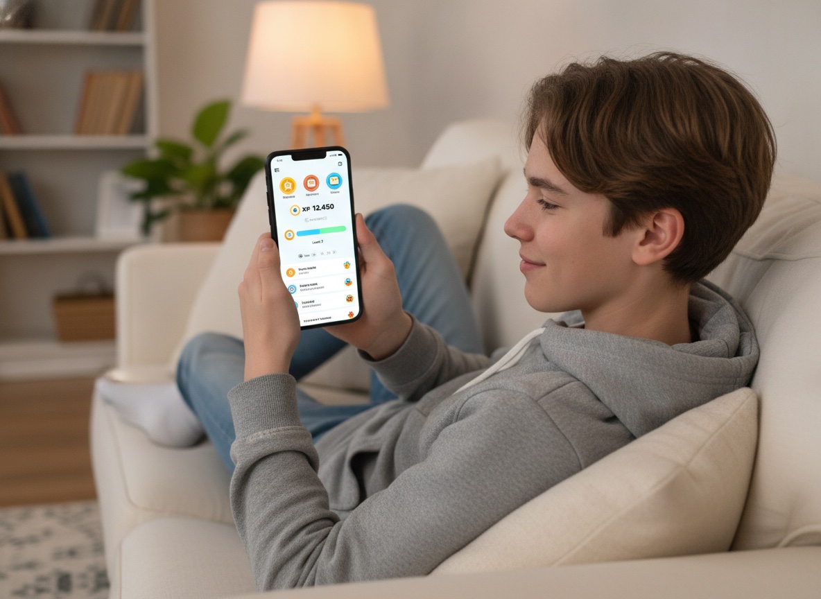 A teenage student taking an adaptive quiz on a smartphone with a gamified learning app interface showing badges, XP points, and a progress bar