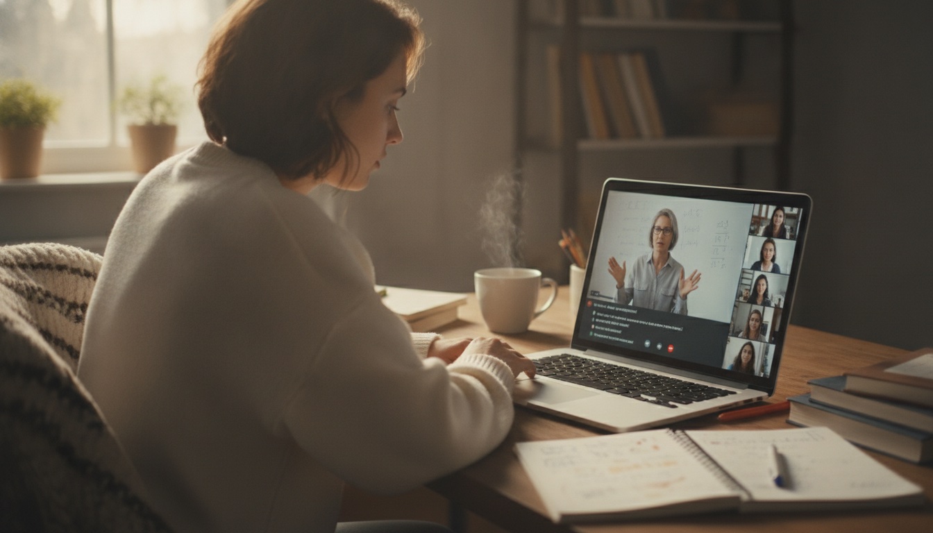 A university student at a laptop in a virtual online classroom video call, with a teacher and several classmate video thumbnails visible on screen during a live lesson