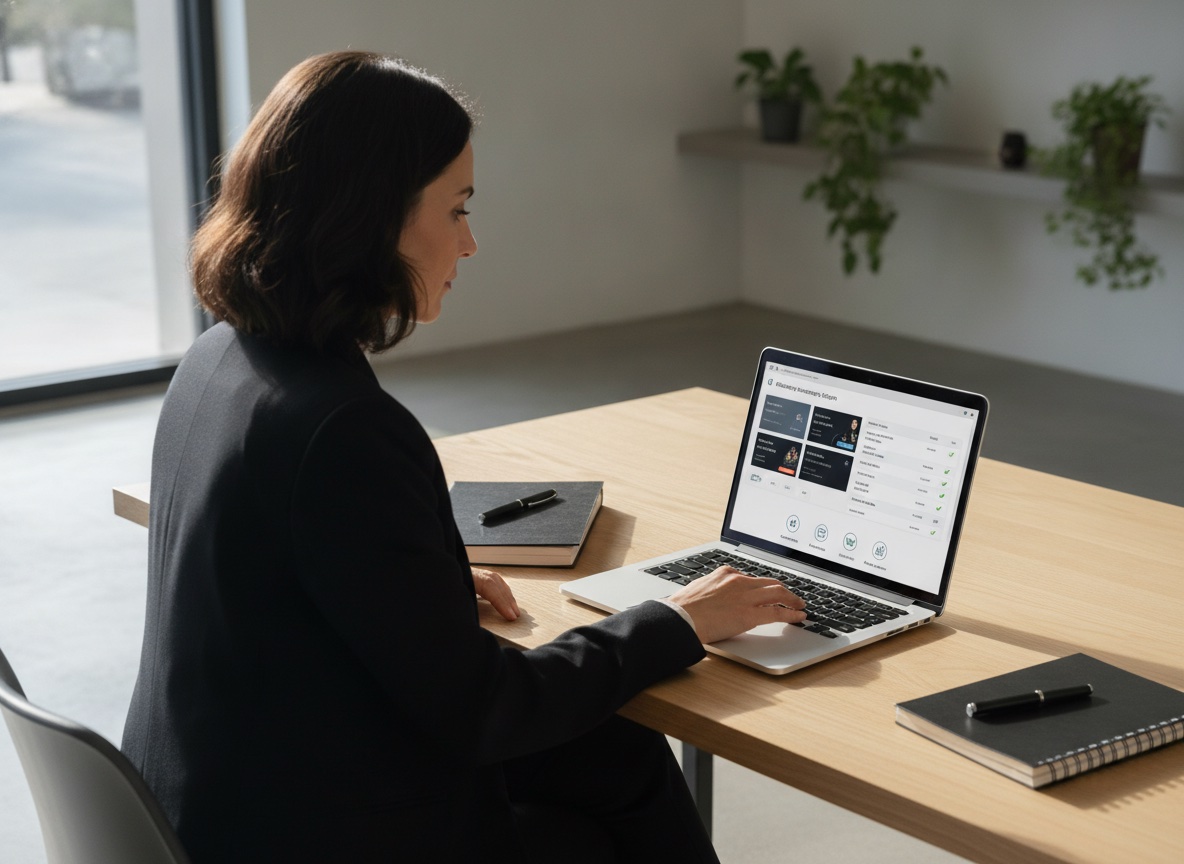 An educator at a laptop reviewing a learning management system dashboard with course modules and student enrollment lists
