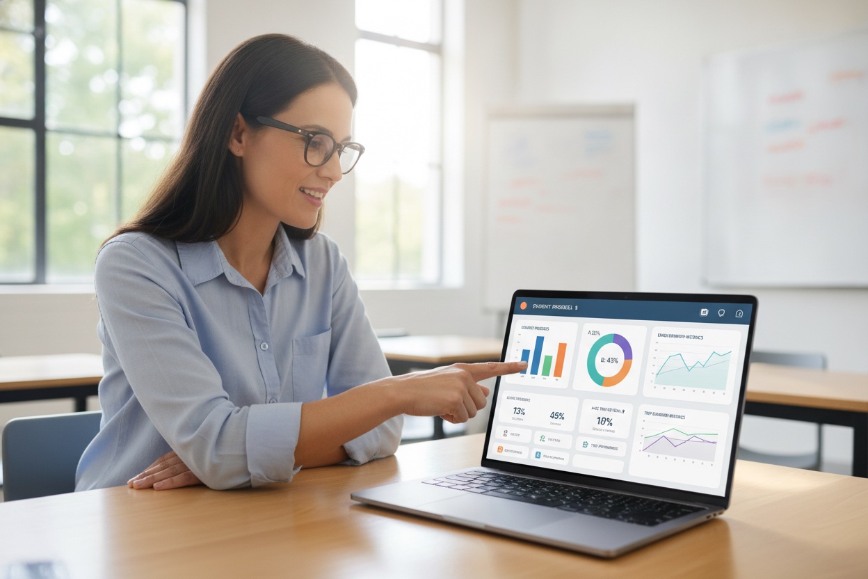 A teacher reviewing a colorful analytics dashboard on a laptop showing student progress charts, grades, and engagement metrics