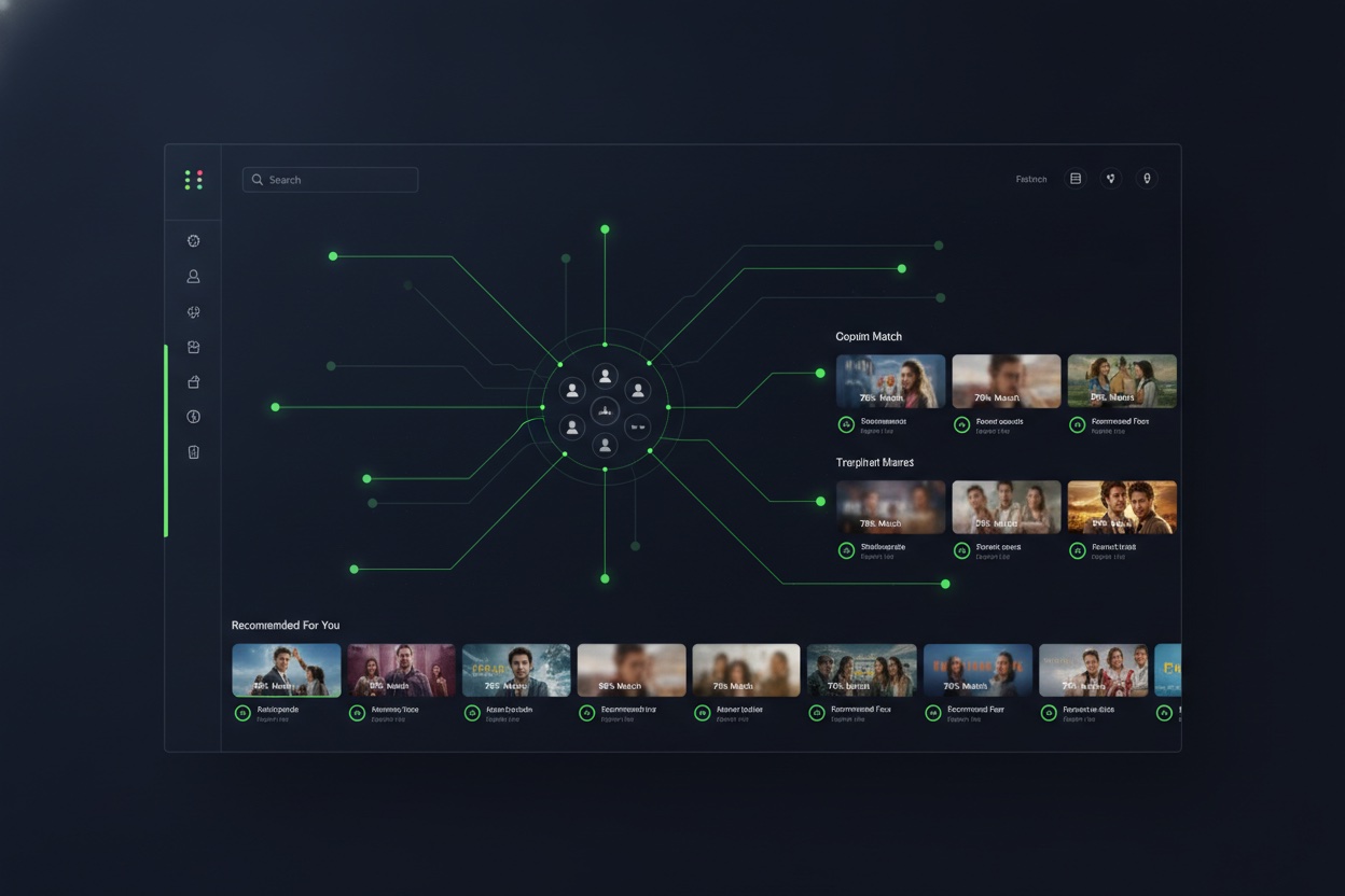 Dark-themed dashboard visualizing an AI content-recommendation engine, connecting viewer profiles to personalized rows of show thumbnails with match scores