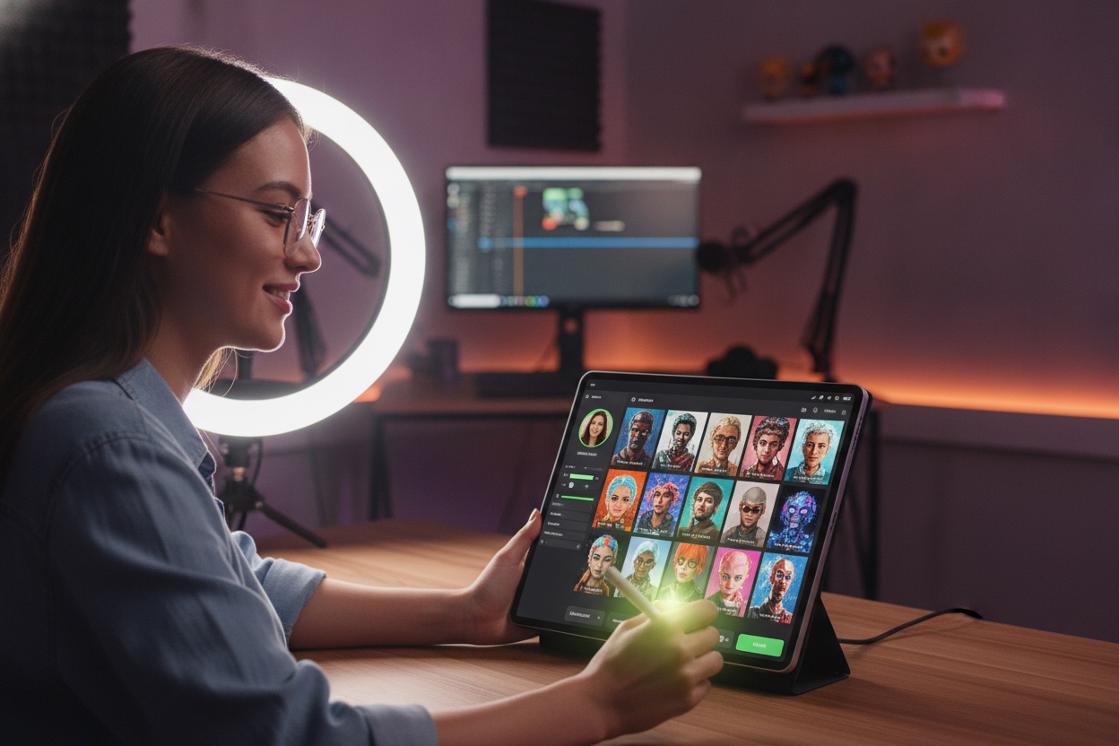 A content creator at a desk reviewing AI-generated stylized portrait avatars on a tablet, part of an avatar-generation app