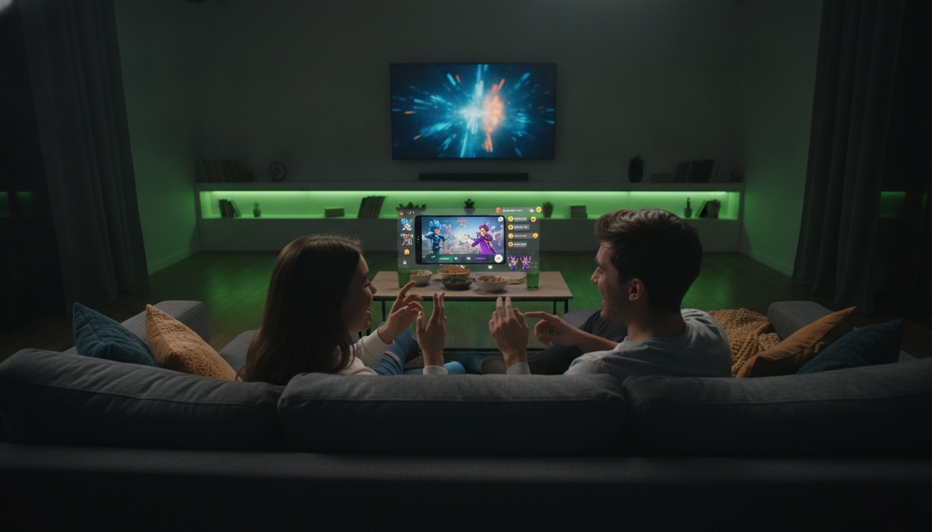 Two friends on a couch at night playing a mobile multiplayer game with a live in-game chat overlay