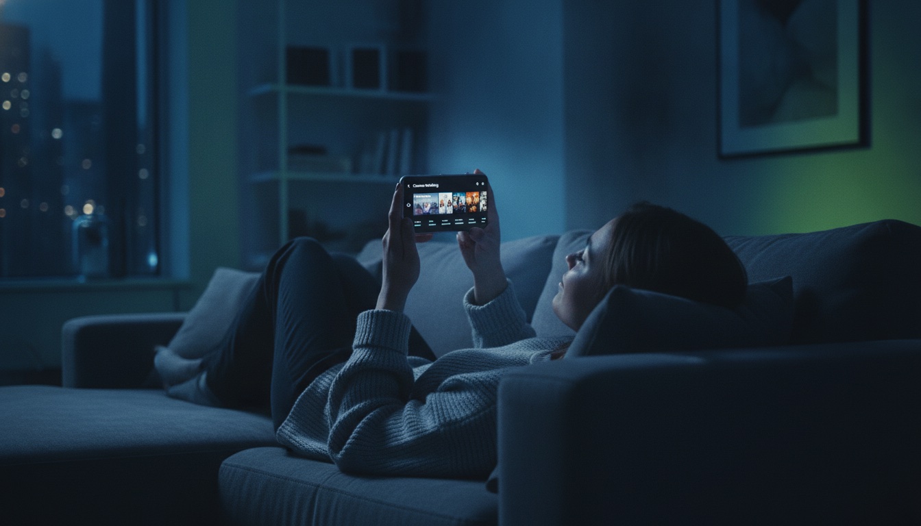 A viewer relaxes on a couch at night, the glow of a smartphone streaming app with a content recommendation carousel lighting her face