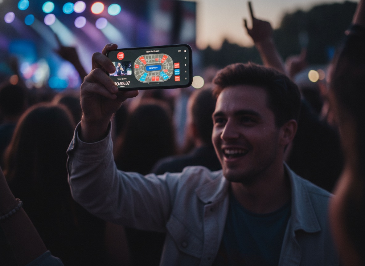 A fan at a live concert holding a phone showing a live-event ticketing and streaming app with a seat map and a Live Now badge
