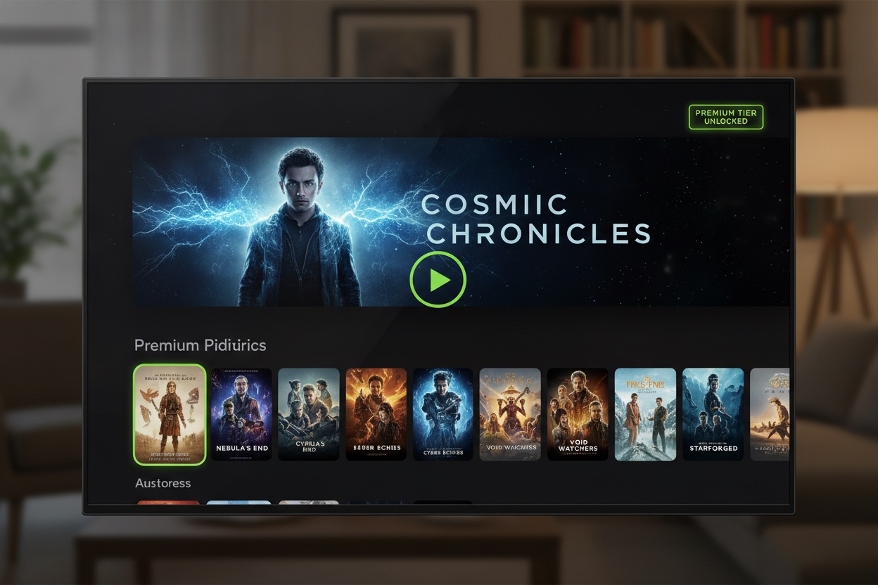 Smart TV screen showing a premium OTT streaming app home screen with a hero banner and a row of content thumbnails