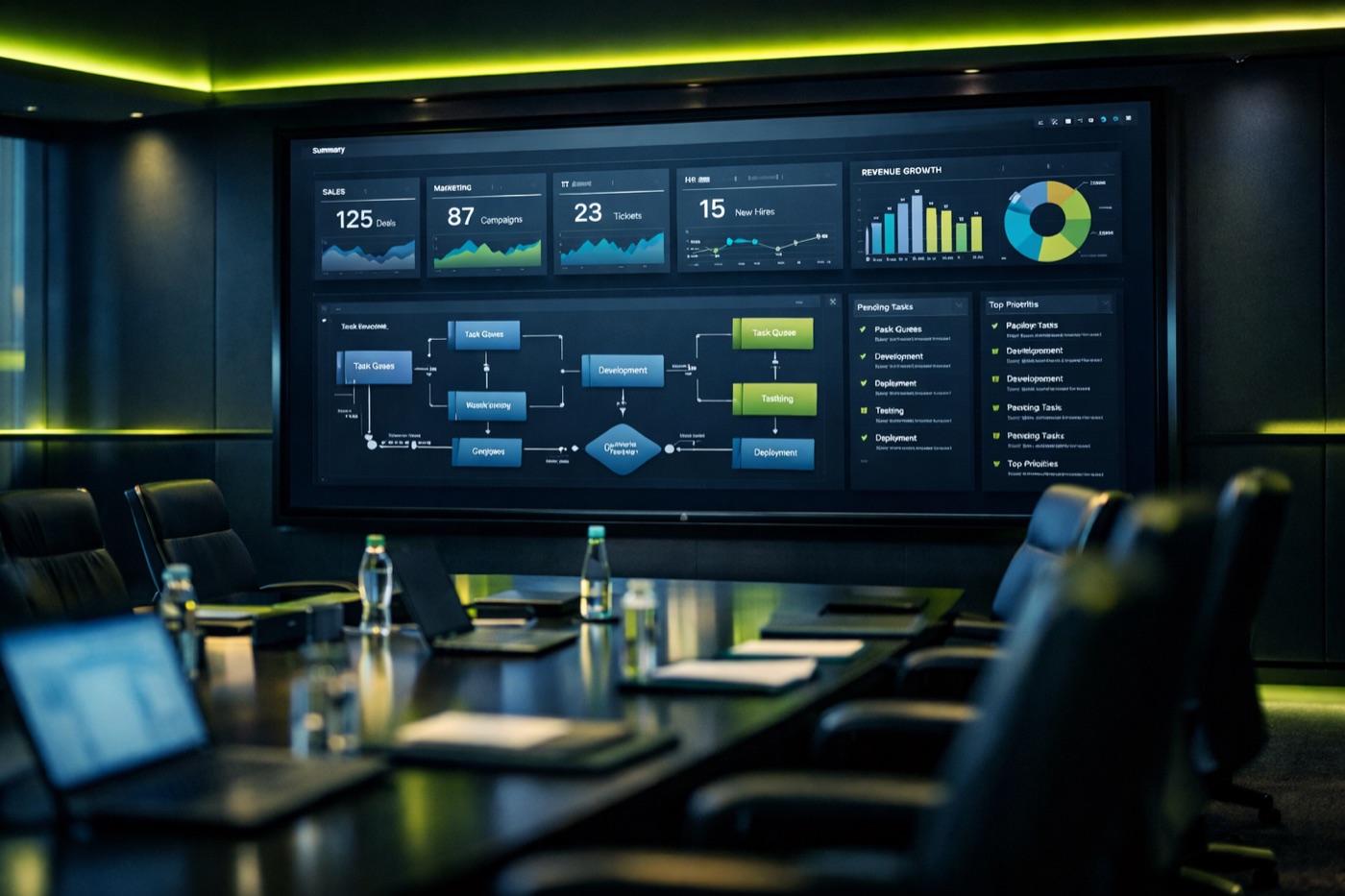 Enterprise software development services: boardroom dashboard showing company-wide metrics