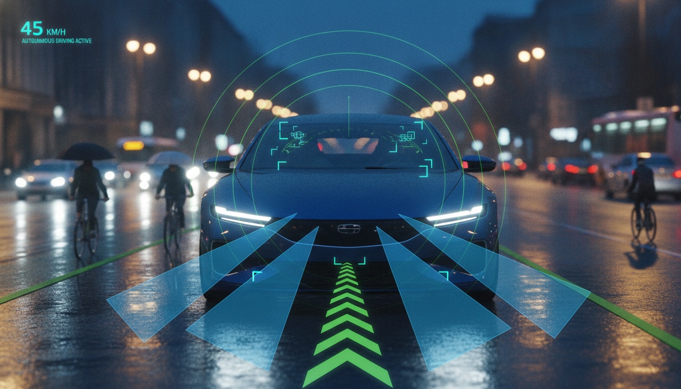 An electric vehicle driving at night with an autonomous-driving sensor visualization overlay showing radar and lidar detection cones identifying nearby vehicles and pedestrians