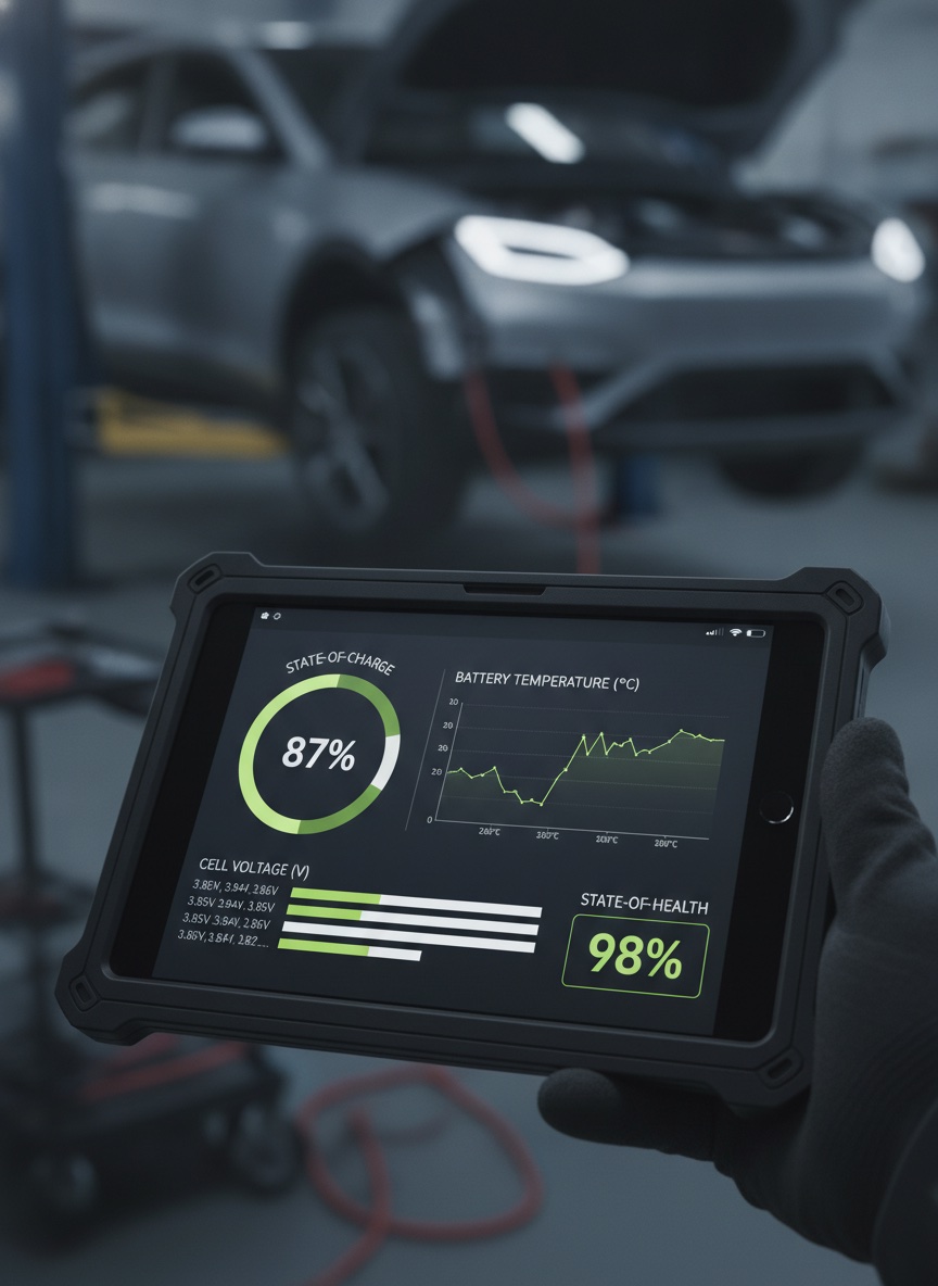 A technician holding a tablet showing a battery management system dashboard with state-of-charge, temperature, and cell-voltage readouts for an electric vehicle