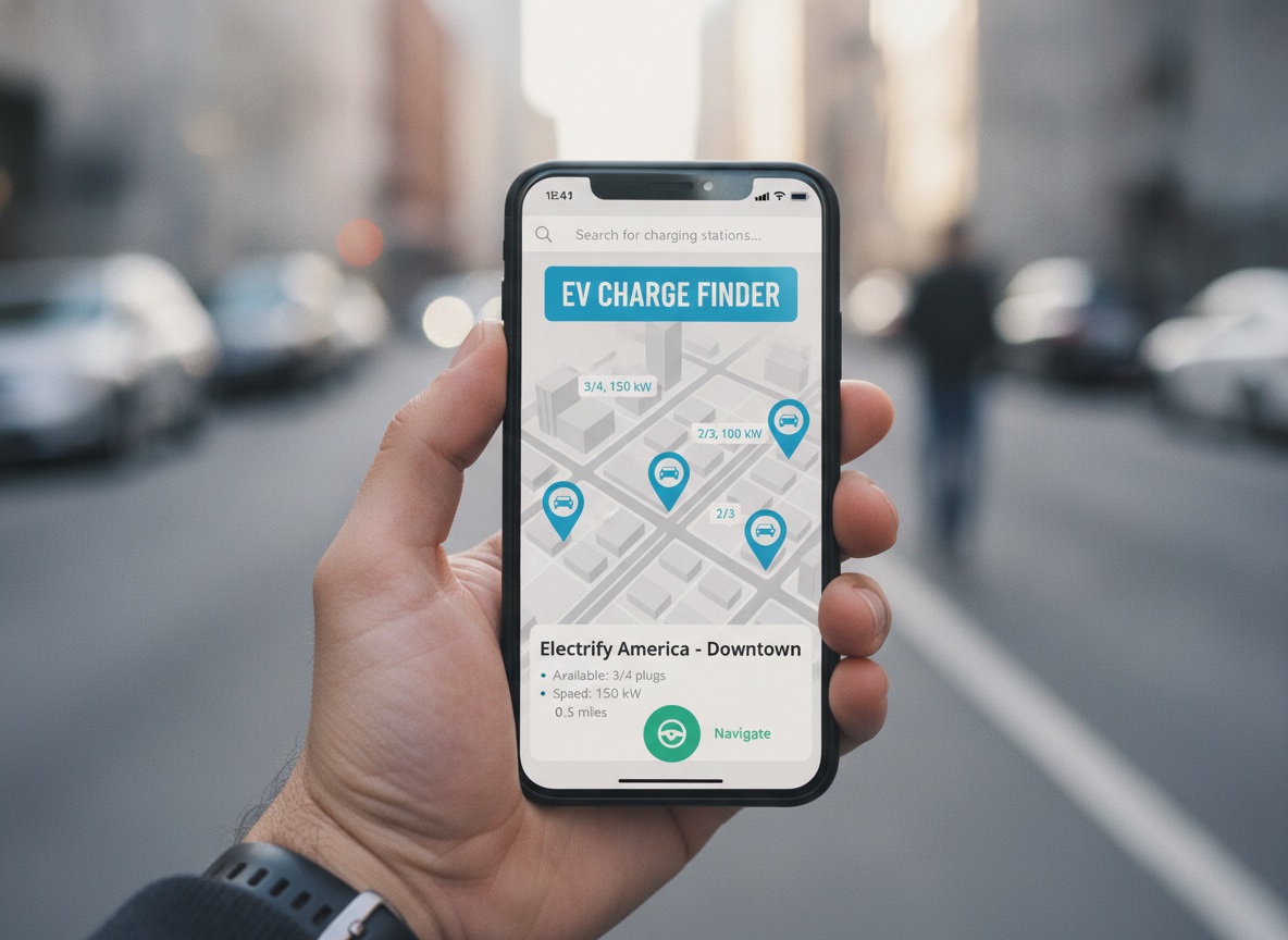 A driver holding a smartphone showing an EV charging station locator app with a map of nearby chargers and their availability