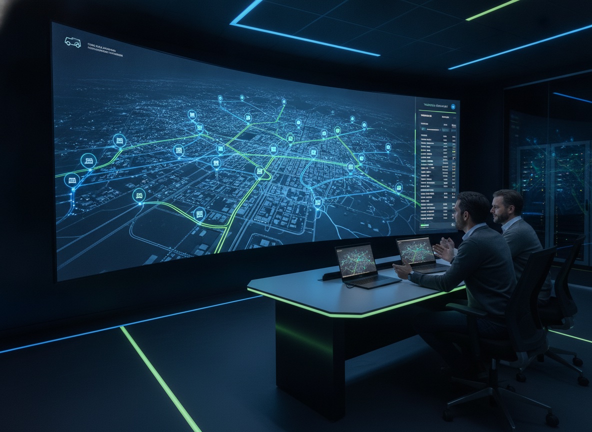 Fleet operations control room with a large screen showing a live map tracking electric delivery vehicles and their battery levels along optimized routes