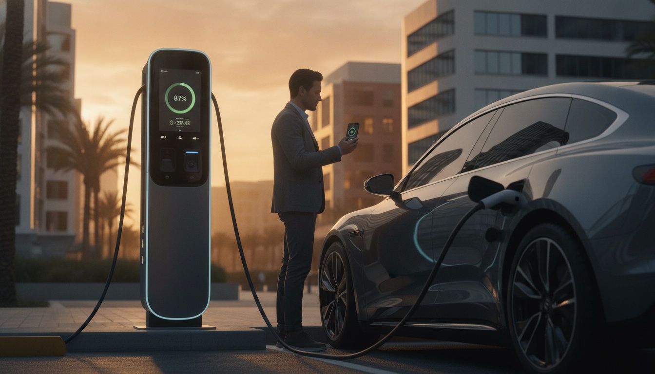 A driver plugs an electric vehicle into a public DC fast-charging station at golden hour while checking the charging session progress on a mobile app