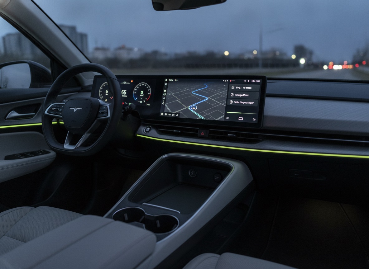 Close-up of an electric vehicle dashboard infotainment touchscreen showing a navigation map, current speed, and remaining battery range