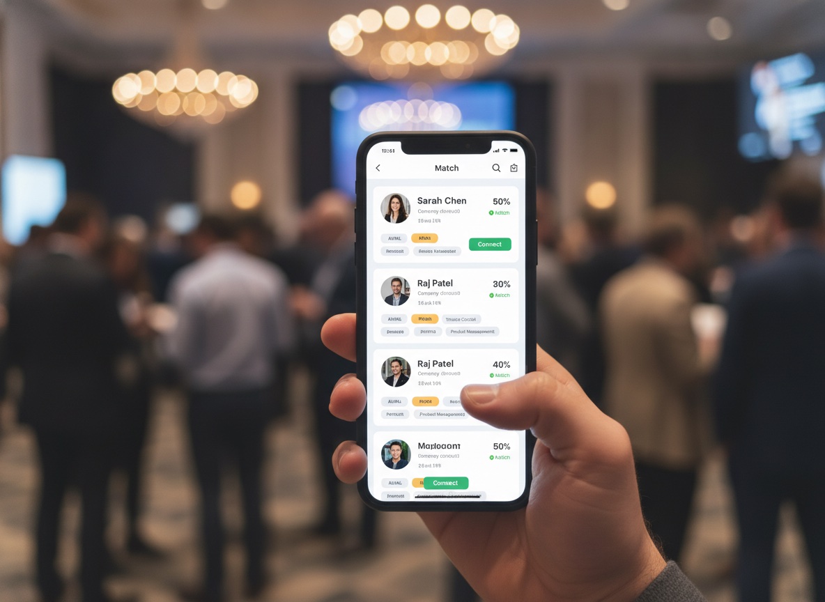 Attendee at a conference networking mixer holding a smartphone showing an AI-powered event app suggesting matched attendee profiles by shared interest