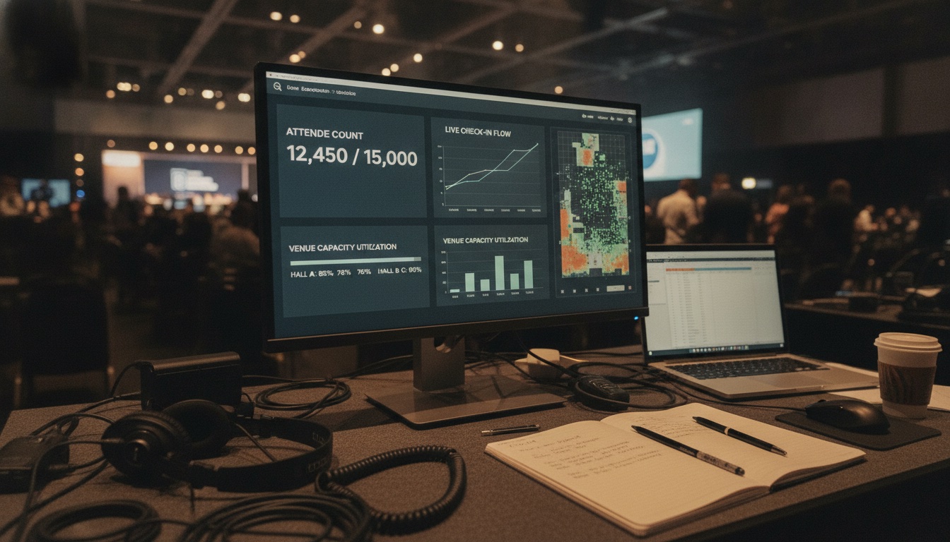 Event organizer's control desk with a widescreen monitor showing a real-time check-in and analytics dashboard with attendance graphs