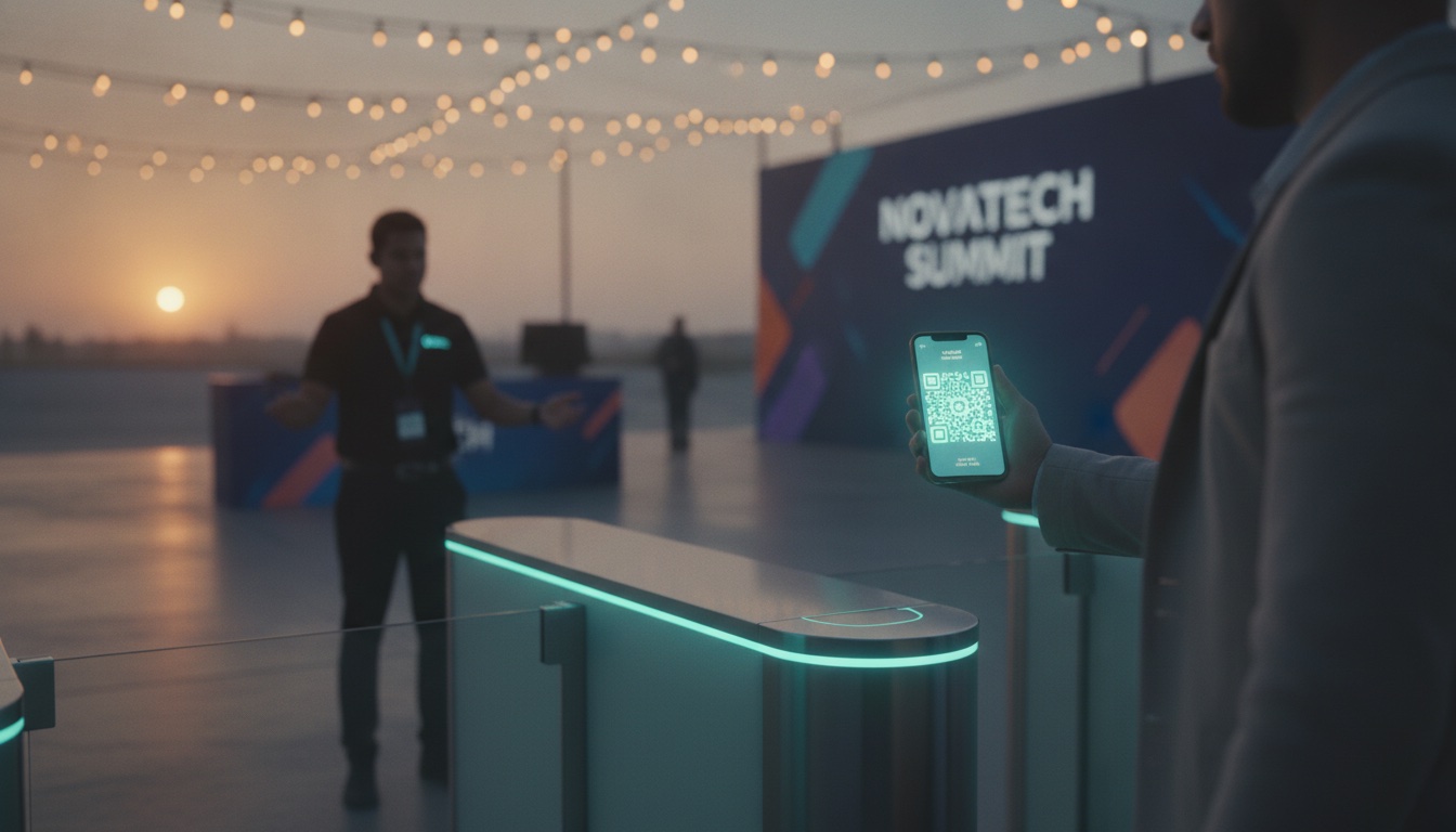 Concert and event attendees using digital ticket apps with QR access scanners glowing at festival entrance