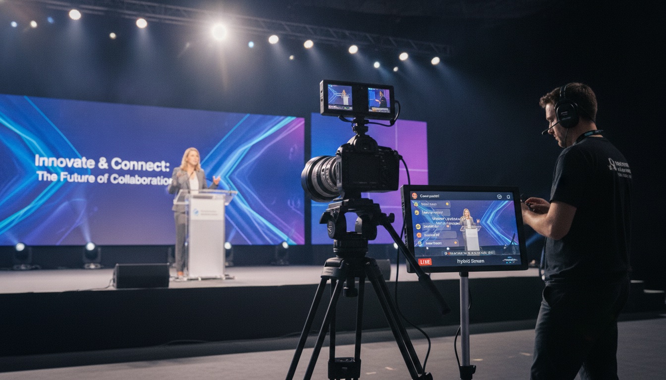 Camera operator filming a conference keynote speaker on stage for hybrid live streaming, with a monitor showing the remote-viewer stream preview