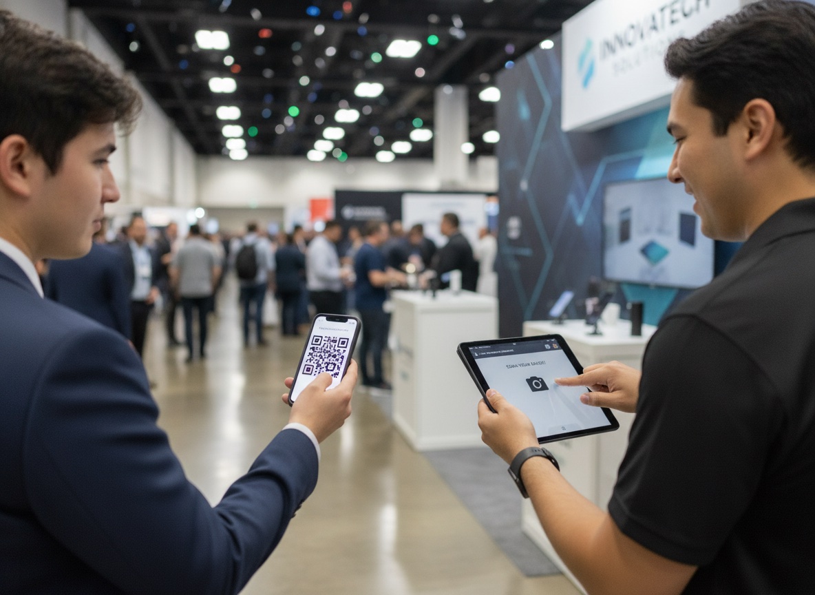 Exhibitor scanning an attendee's event-app badge QR code on a tablet for lead capture at a trade-show booth