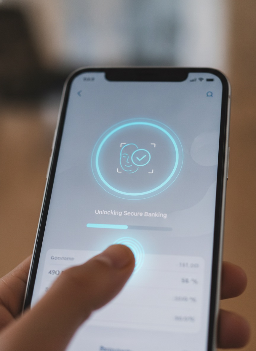 Close-up of a smartphone screen showing a biometric face-scan authentication unlocking a secure banking app, with a soft blue security glow