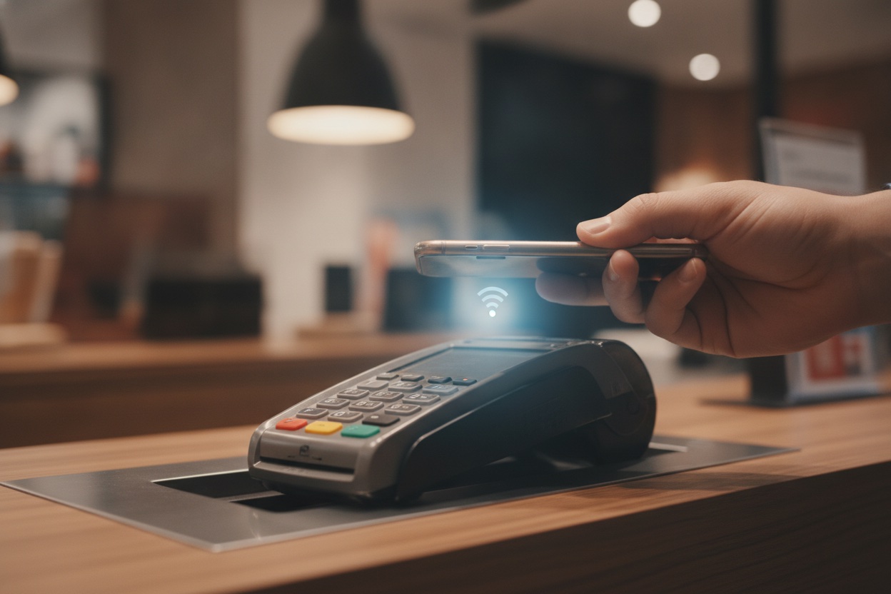 A person tapping a smartphone digital wallet against a contactless payment terminal at a retail checkout counter
