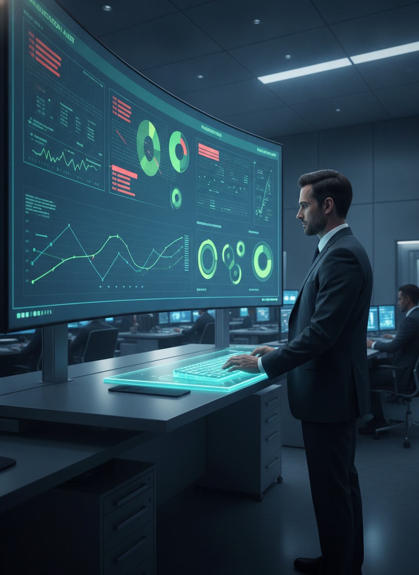 A financial analyst reviewing a real-time fraud detection analytics dashboard with transaction alerts and risk scores on a widescreen monitor