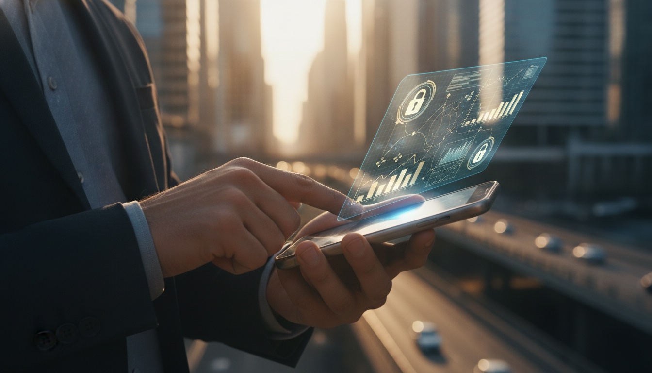 A professional using a secure mobile banking app on a smartphone in a modern city at golden hour, with a subtle digital finance interface overlay