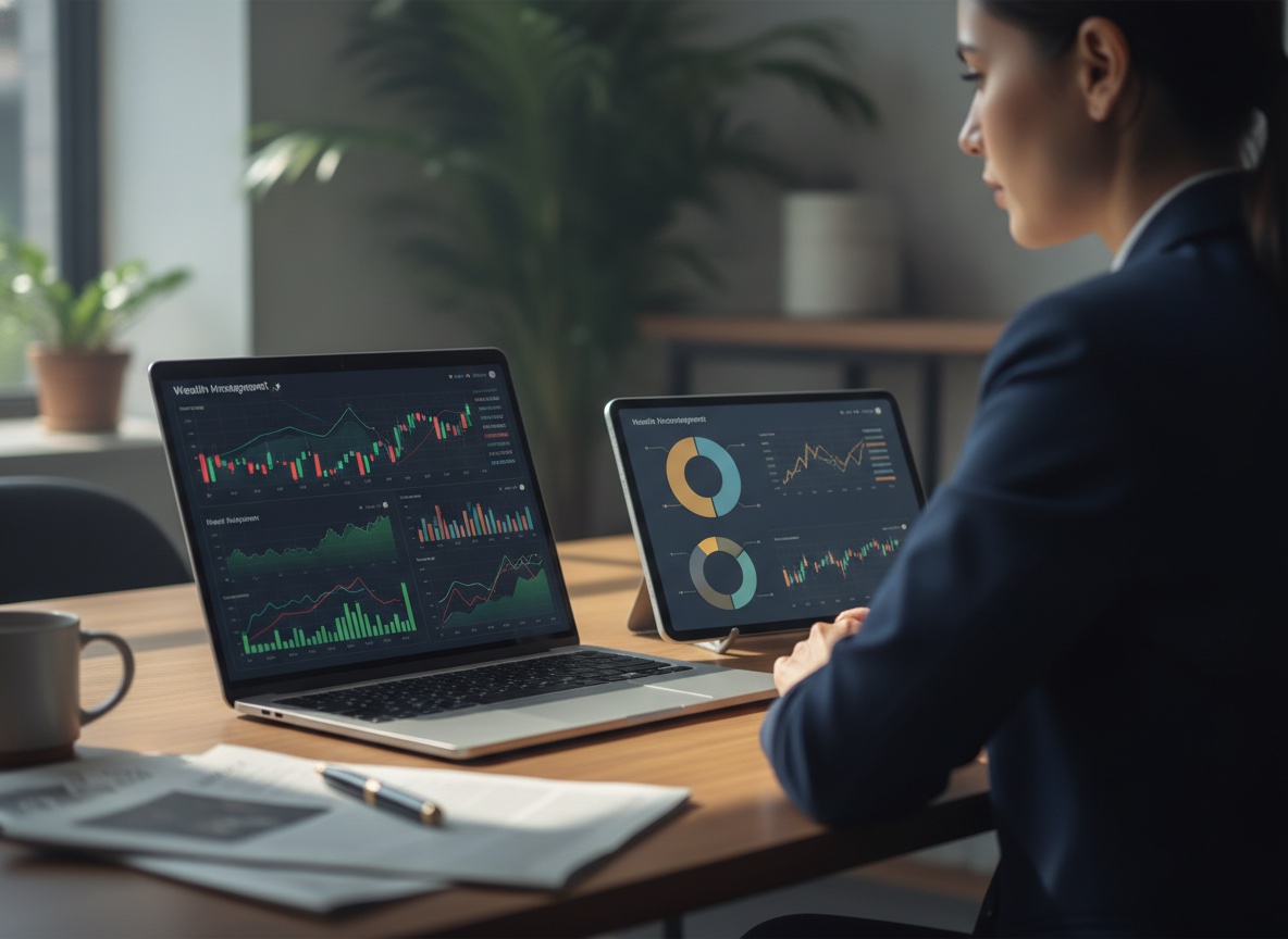 An investor reviewing a wealth management and stock trading dashboard with live market charts on a laptop and tablet