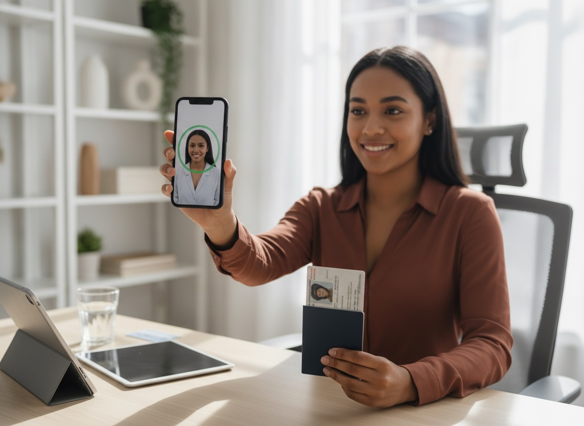 A person holding a smartphone to complete a selfie liveness check for digital bank account verification, with a photo ID visible on the desk
