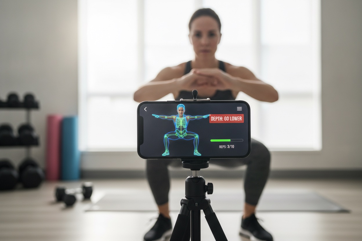 Person doing a squat in front of a phone on a tripod running an AI computer-vision fitness app with a real-time pose-tracking overlay