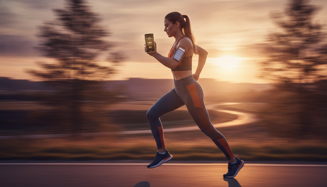 An athlete in an intense training session wearing a connected fitness smartwatch showing heart-rate and workout telemetry