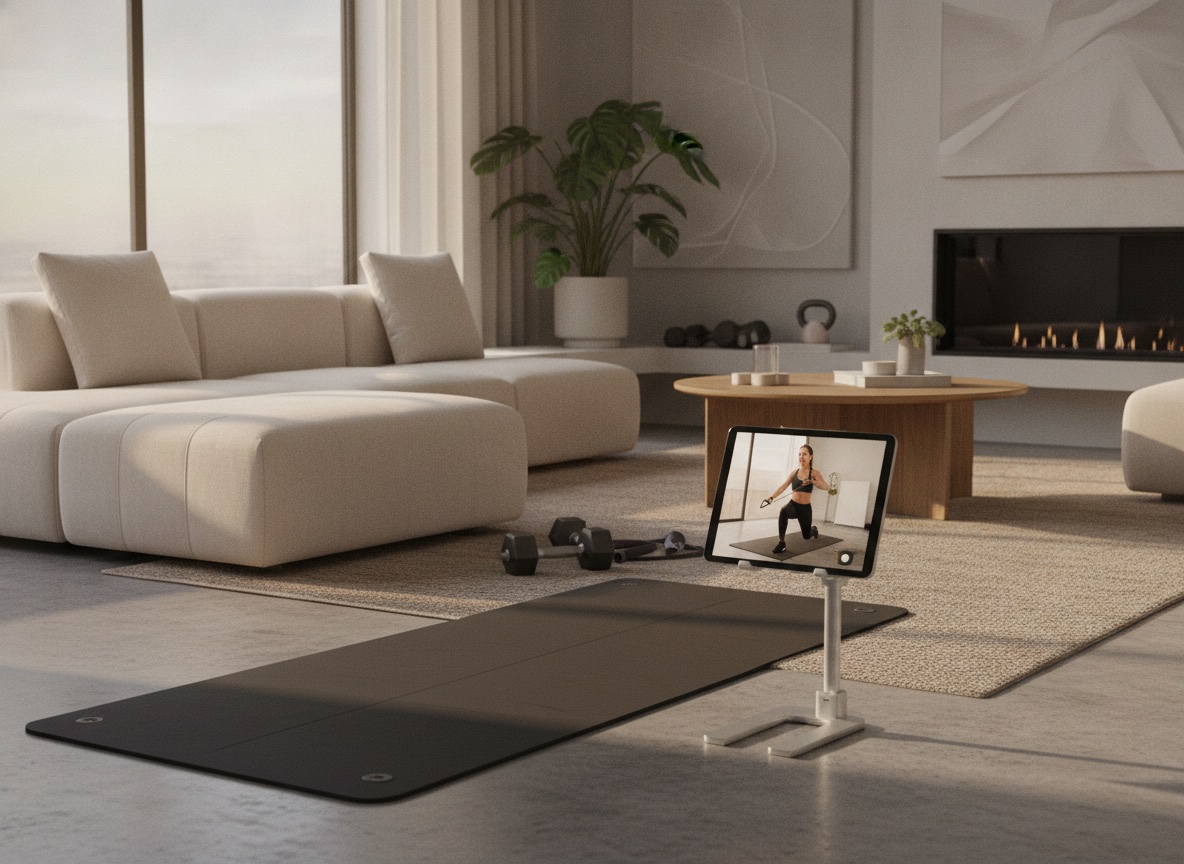 Tablet propped in a home gym showing a live-streamed virtual fitness class with an instructor