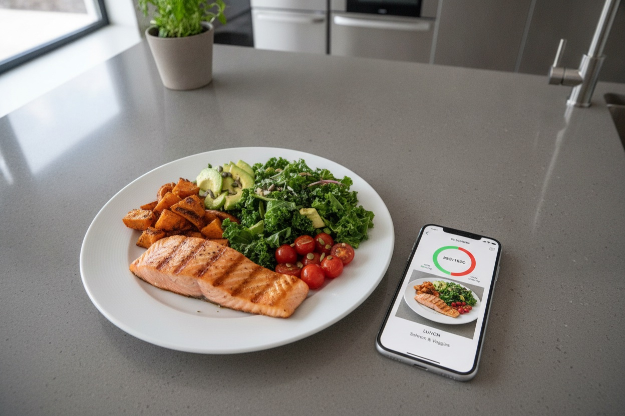 Smartphone showing a nutrition-tracking app with a logged meal, calories, and macro breakdown