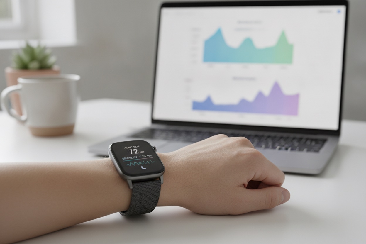 Smartwatch on a wrist showing live heart-rate and sleep data next to a laptop displaying a synced health dashboard