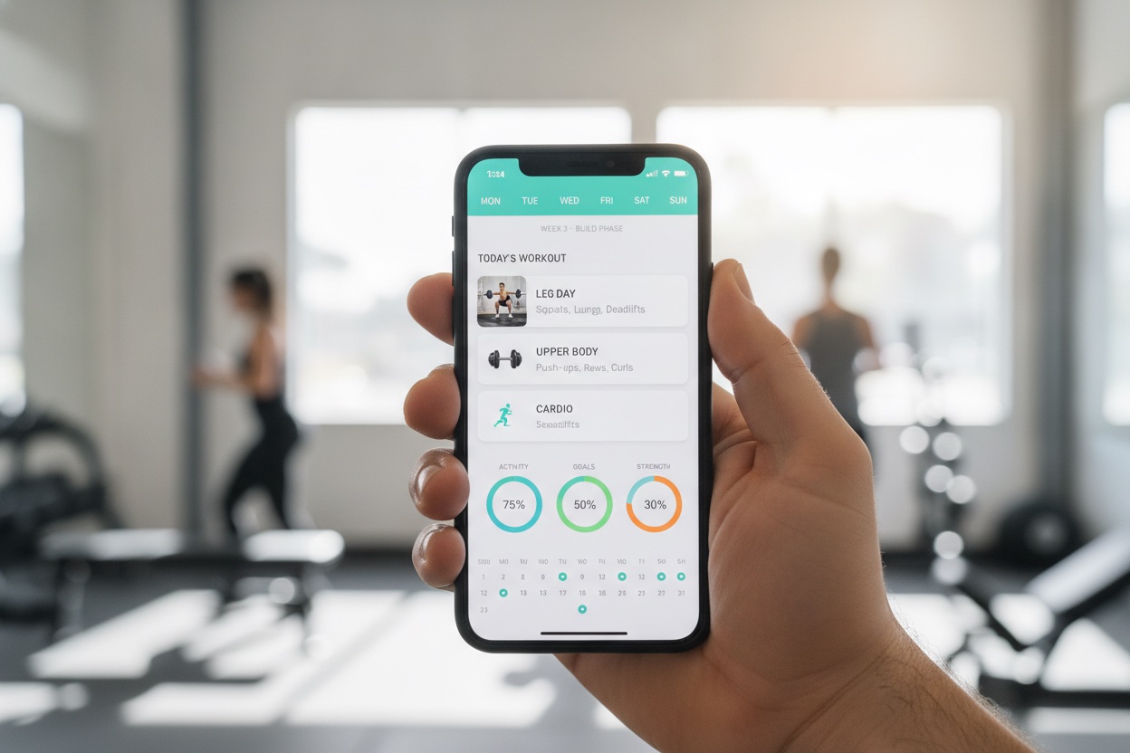 Hand holding a smartphone displaying a personalized weekly workout-plan app interface with progress rings