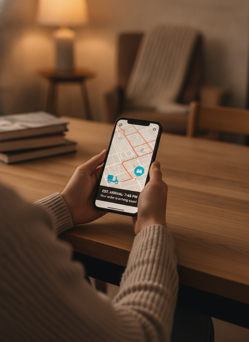 A customer holding a smartphone showing a live food order tracking map with a moving delivery scooter icon and ETA